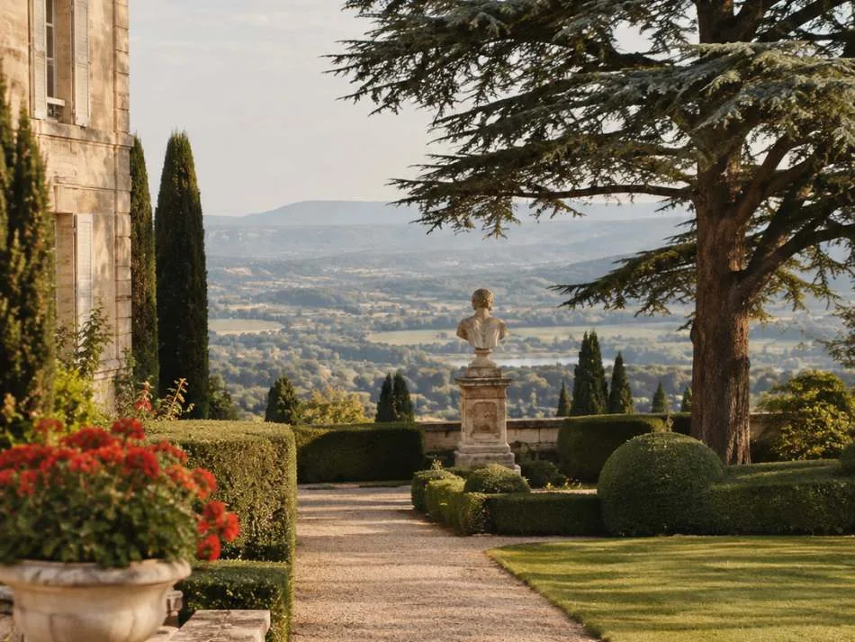 Les jardins du château d'Amboise avec des cèdres et des pelouses taillées sur le rocher
